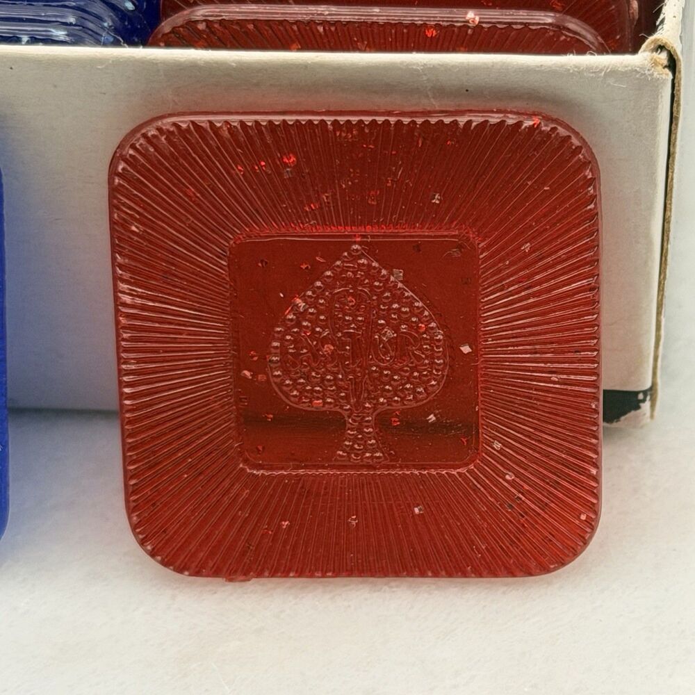Vintage Astor Square Poker Chips 99 Red Blue Clear No Roll Original Box Hong Kon - Picture 4 of 14